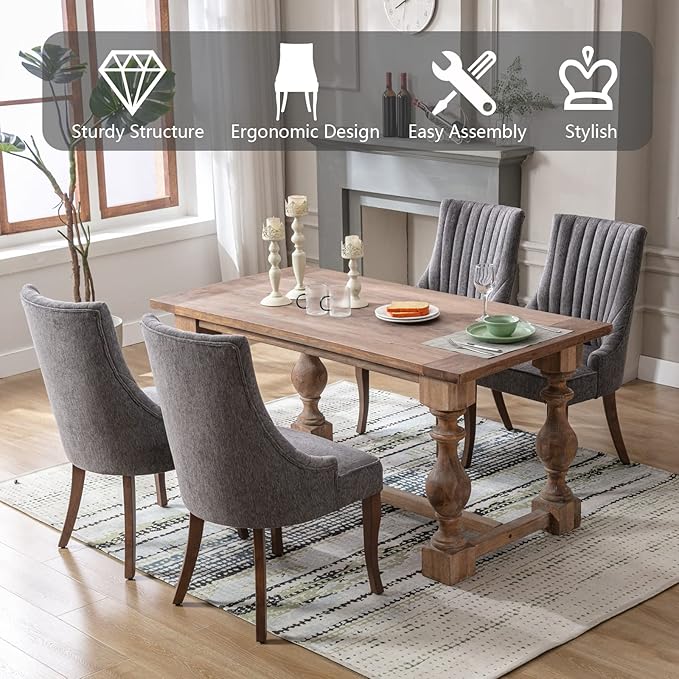 mikibama Linen Dining Chairs Set of 2 Channel Tufted Kitchen Dinner Chair Comfy Fabric Upholstered Accent Chair for Dining Room with Solid Wood Legs (Grey)