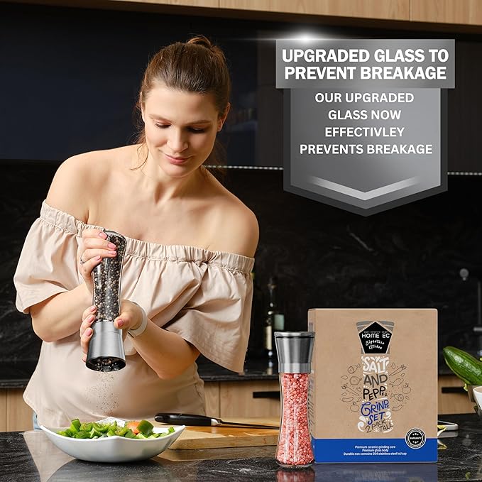 Home EC Premium Stainless Steel Sea Salt and Pepper Grinder Set of 2 - Adjustable Ceramic - Tall Glass Salt and Pepper Shakers - Kitchen Spice Mill W/Funnel & EBook