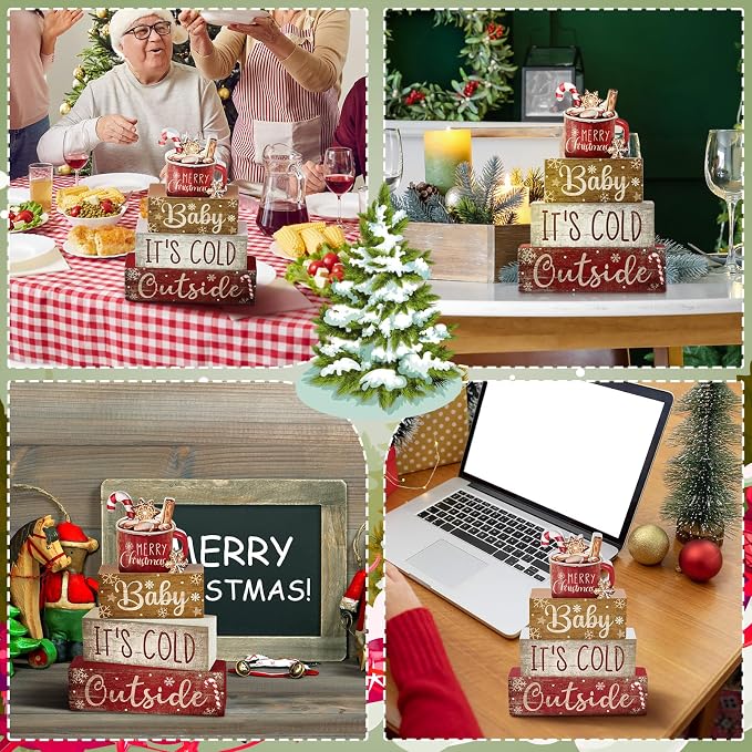 Moucuny 4 Pcs Christmas Table Decor Wooden Hot Cocoa Decoration Christmas - Image 5