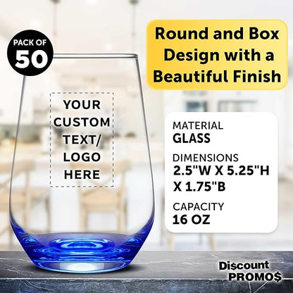 DISCOUNT PROMOS 50 Vaso Silicia Stemless Wine Glasses Set, 16 oz. - Personalized Text, Logo - Clear, Orb-Like, Thick base - Blue