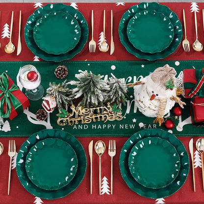 LIYH 50 Pcs Green Plastic Christmas Plates Reusable - Christmas Plastic Plates Unbreakable Holiday Dinnerware Dishes Fancy Scalloped Plate Dishwasher Safe BPA Free for Xmas Day (25Guests)