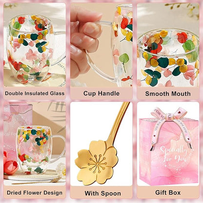 Gifts for Women Dried Flowers Double Wall Glass Coffee Mugs Cute Glass Tea Cups - Image 5