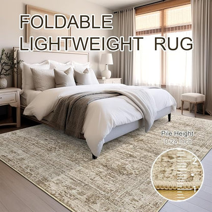 Area Rug 10x12 Vintage Washable Living Room Large Carpet Non Slip Bedroom Indoor Office Dining Room Low Pile Thin Rug Brown