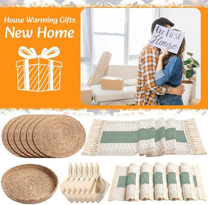 6 Sets Boho Decoration Placemats Round Woven Placemats, Cloth Napkins, Wood - Image 7