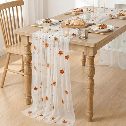 Artoid Mode Caramel Flower Pearl White Gauze Table Runner 10FT, Seasonal Sheer - Image 4