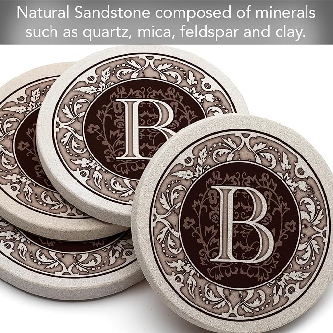 Thirstystone Monogram Round Natural Sandstone Coaster 4 Pack | 4" Diameter - Image 3