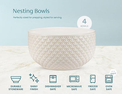 KooK Ceramic Mixing Bowls, Nesting Set of 4, Embossed Kitchen Dishware - Image 6