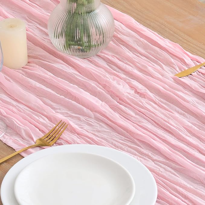 Asee'm 2pcs Blush Pink Cheesecloth Table Runner Summer 10FT Gauze Sheer | Boho - Image 3