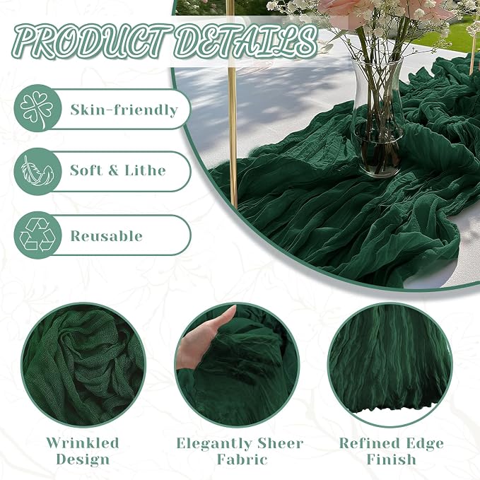 2 Pack Cheesecloth Table Runner, 120 Inch Emerald Green Table Runner | 10 Ft - Image 4