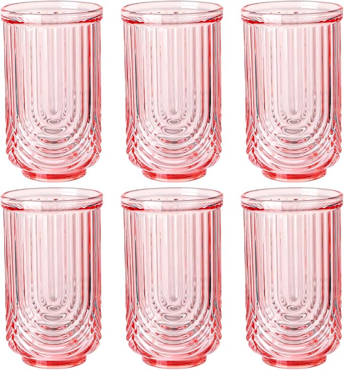 Pink Vintage Drinking Glasses Set of 6-17oz Hand-Blown Highball Ribbed Glassware by TrophyToast