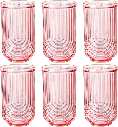 Pink Vintage Drinking Glasses Set of 6-17oz Hand-Blown Highball Ribbed Glassware by TrophyToast