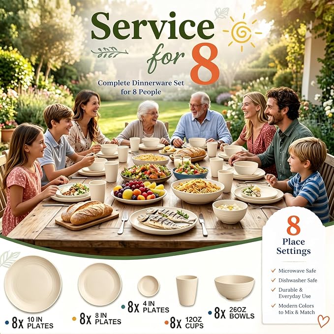 Unbreakable Plates Bowls and Cups Set, Wheat Straw Dinnerware Sets | 40PCS Dish - Image 6