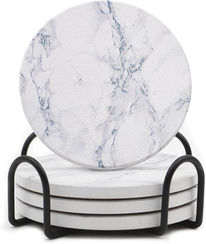 LIFVER Absorbent Coaster Sets of 4, Drink Coasters with Holder, White Marble Style Ceramic Drink Coaster for Tabletop Protection, Suitable for Kinds of Cups and Wooden Table, Cool Home Decor, 4 Inches