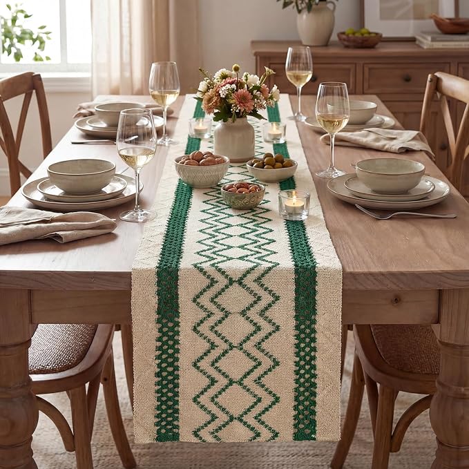 Artoid Mode Forest Green Stripe Diamond Woven Table Runner 12x108 Inch | - Image 2