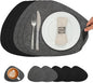 Placemats and Coasters, Washable Reversible Placemats Round Faux Leather Wipeable Place Mats Non Slip Heat Resistant Indoor Outdoor Table Mats (Set of 6, Gray Black)