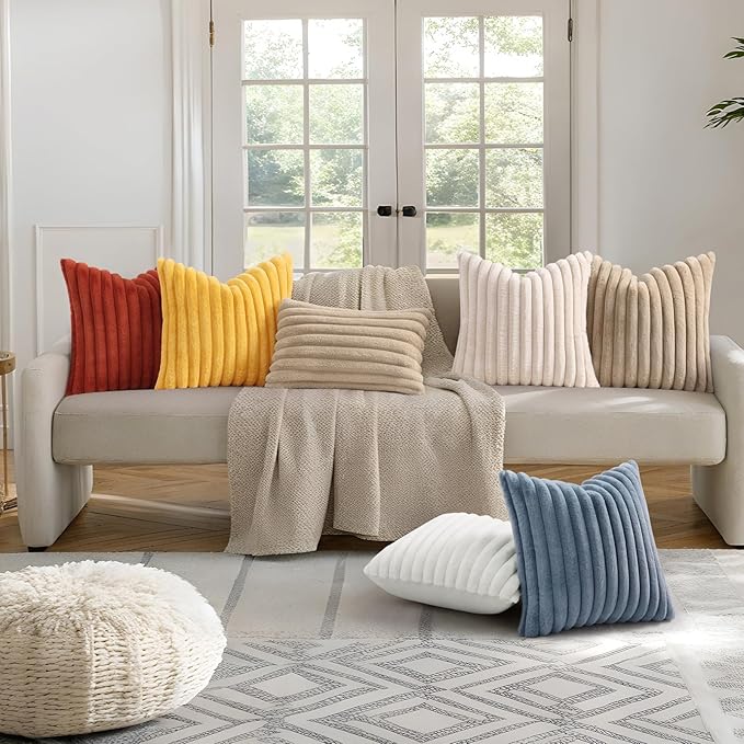 decorUhome Cozy Faux Fur Throw Pillow Covers 24x24 Set of 2 Decorative Soft Plush Striped Modern Farmhouse Boho Couch Euro Sham Pillow Cases with Velvet Back for Sofa Bed Living Room, Cream White