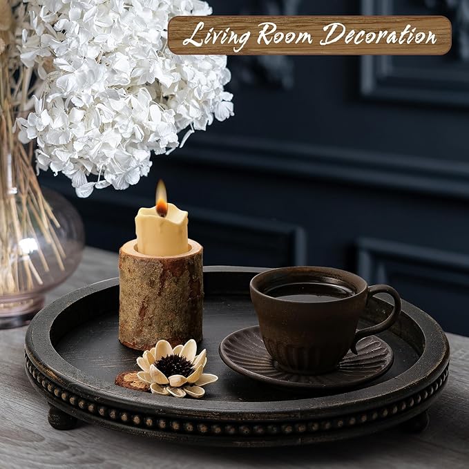 KULEDM Wooden Tray Decor, Small Beaded Coffee Table Tray Decor, Black Round Decorative Tray for Coffee Table, Dining Room Table Entryway and Living Room Table