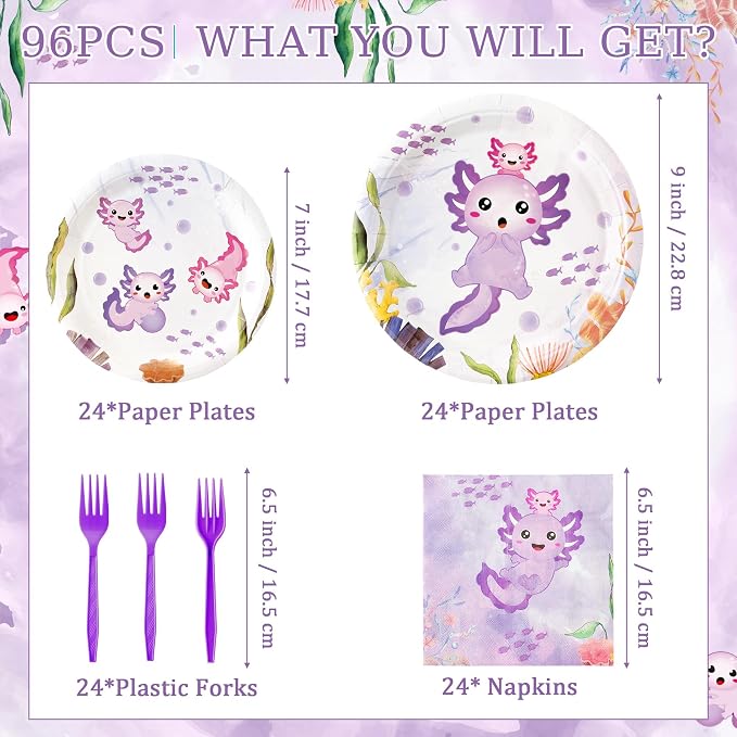 96Pcs Purple Axolotl Cute Cartoon Animals Party Plates Supplies Tableware - Image 2