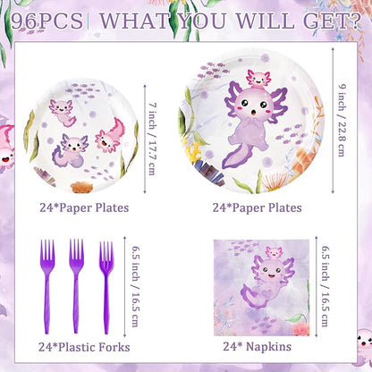 96Pcs Purple Axolotl Cute Cartoon Animals Party Plates Supplies Tableware - Image 2