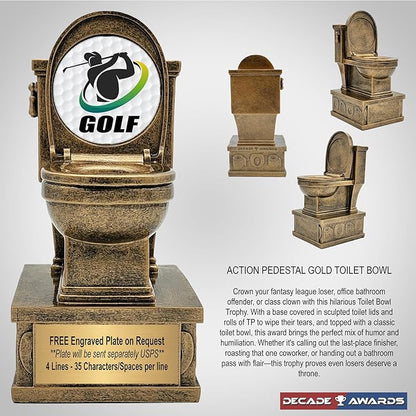 Decade Awards Action Pedestal Gold Toilet Bowl Trophy with Optional Inserts - Custom Engraved Plate On Request (7 Inch Tall)