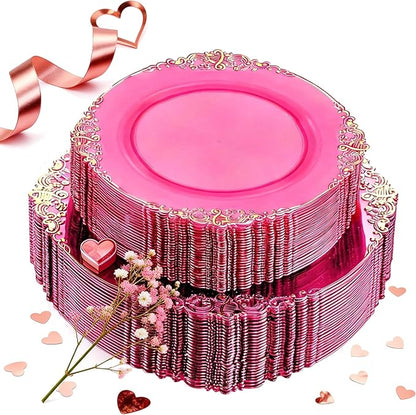 102PCS Clear Hot Pink Plastic Plates - Pink Disposable Plate with Gold Rim - Hot Pink Party Plates Include 51PCS 7.5inch Dessert & 10.25inch Dinner Plate for Wedding Birthday Valentine's Day