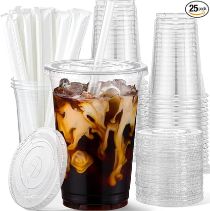 AOZITA 20 oz Plastic Cups with Lids and Straws, 25 Pack, Disposable Iced Coffee by AOZITA