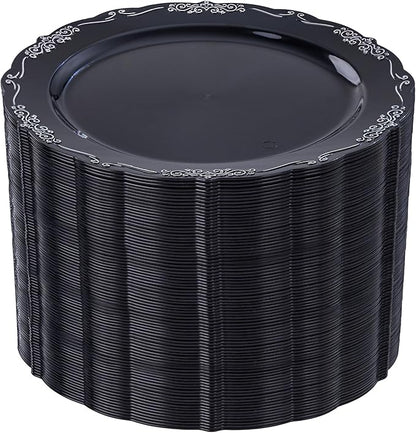 DaYammi 60PCS Black and Silver Plastic Plates, Heavy Duty Black and Silver Disposable Plates Premium 7.5 inch Dessert Cake Salad Appetizer Plate Hard Plastic Plate Disposable for Party Wedding