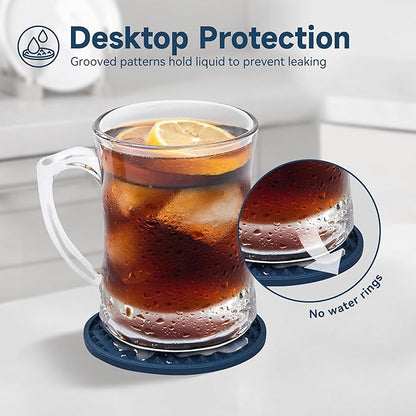 Coasters for Drinks, Silicone Coasters Set of 6 with ABS Holder, Outdoor Coaster for Coffee Table, Non-Slip Rubber Table Cup Mat Desk, Heat Resistant & Scratch-Proof (Navy Blue)
