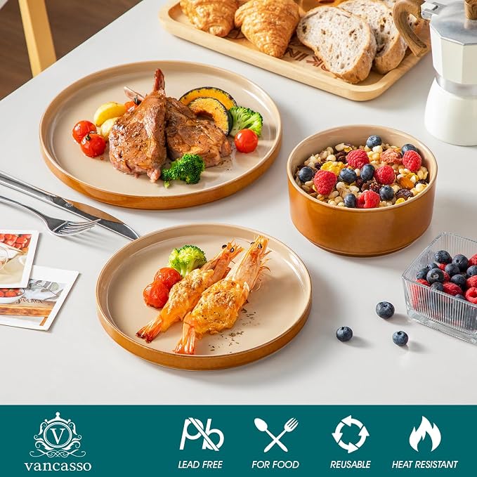 vancasso ONION Ceramic Plates and Bowls Sets, 18 Pieces Brown Dinnerware Sets - Image 3