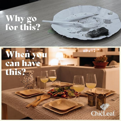Chic Leaf Palm Leaf Compostable Plates - 6" Square, Pack of 50 - Disposable Dinnerware for Valentine's day, Rustic Bamboo Appetizer Plates, Romantic - Charcuterie Boards & Biodegradable Serviceware