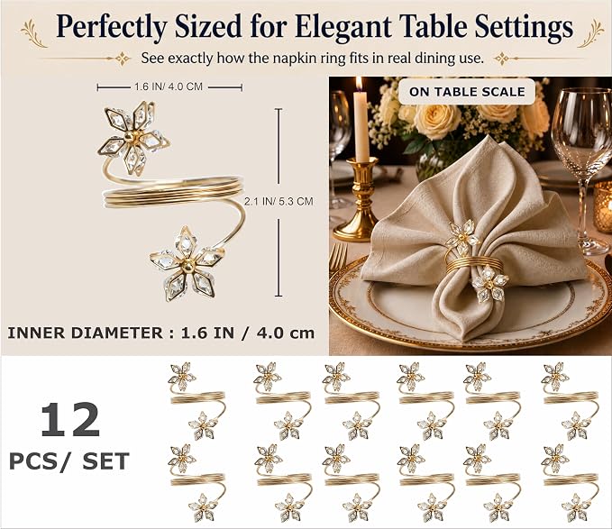 Gold Napkin Rings Set of 12 – Crystal Flower Design – Luxury Napkin Rings Gold - Image 2