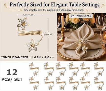 Gold Napkin Rings Set of 12 – Crystal Flower Design – Luxury Napkin Rings Gold - Image 2
