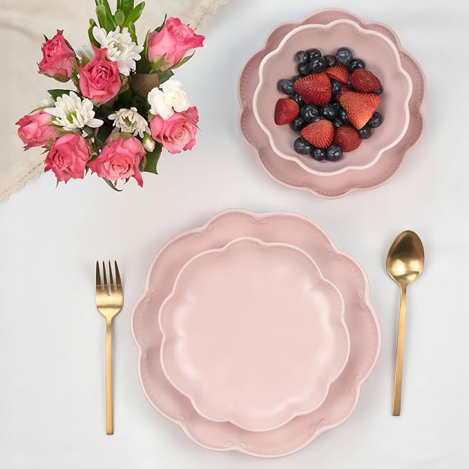 Sango 12 Pieces Scalloped Dinnerware Set, Modern Pink Dishes - Image 9
