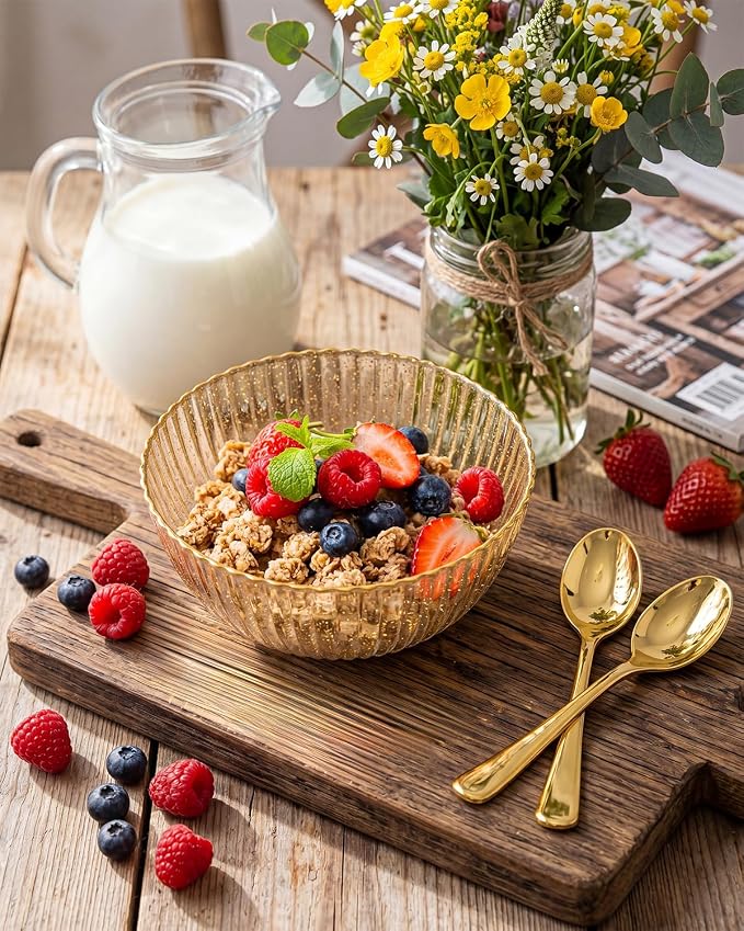 bUCLA 12 PCS Plastic Cereal Bowls Set - 28 Oz Gold Glitter Disposable Vertical - Image 5