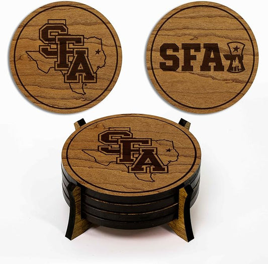 LazerEdge Stephen F. Austin Lumberjacks Wooden Coaster Set - Cherry Wood - Officially Licensed Product - 4-Pack