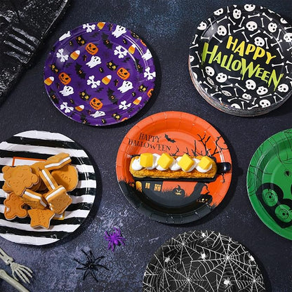 Umigy 120 Pcs Halloween Paper Plates 7 Inch Spider Web Party Plates, Pumpkin Spooky Disposable Tableware Supplies for Appetizer, Lunch, Dinner, Dessert