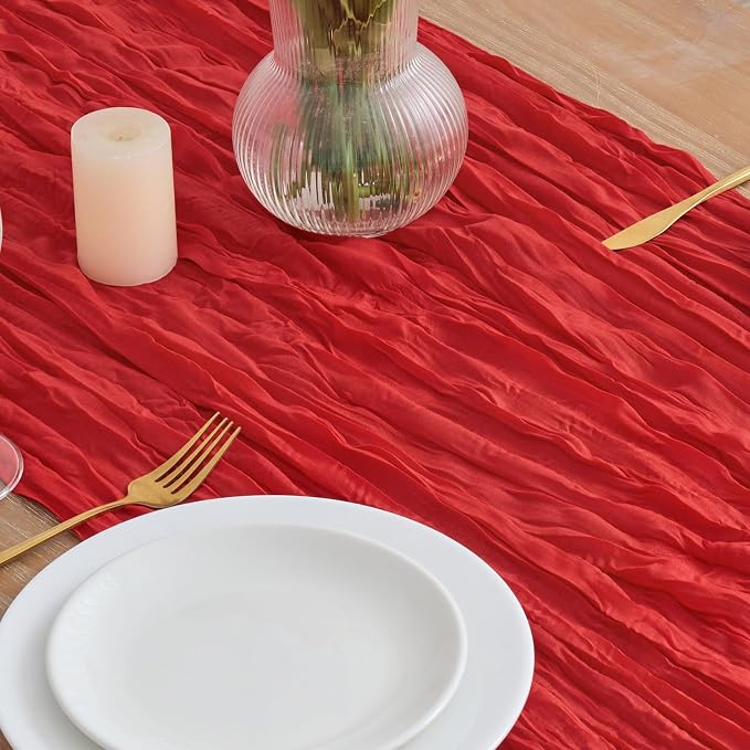 Asee'm 2pcs Red Cheesecloth Table Runner Christmas 10FT Boho Rustic Gauze | - Image 3