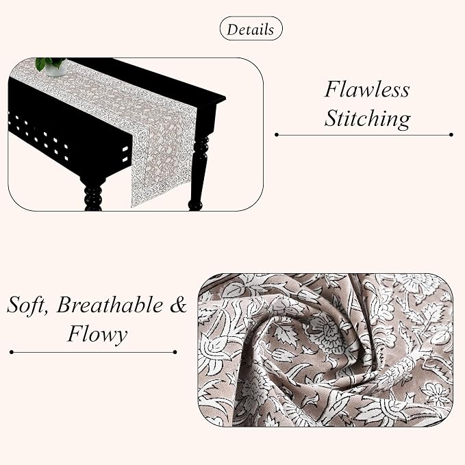 Taupe Hand Block Print 100% Cotton Reusable Table Runner 16" X 90" Inches Table - Image 3