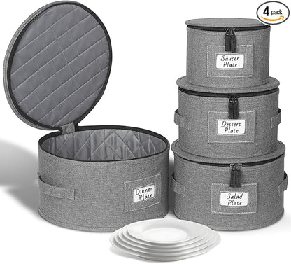 China Storage Containers, 4PCS Hard Shell Dish Storage Containers with Felt Dividers for Charger Plates Dinnerware, Moving Boxes for Dishes, Stackable Plate Storage Cases for 12 Place Setting