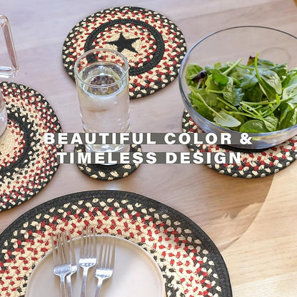 Homespice Primitive Star Gloucester Jute Braided Trivets for Table - Set of 6, Round 8", Black & Red - Rich Colors, Easy to Clean, Durable and Protects Furniture