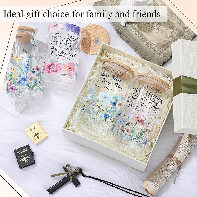 Mumufy 4 Pack Wildflower Glass Cups Gift Aesthetic Cute Glass Cup Tumbler - Image 6