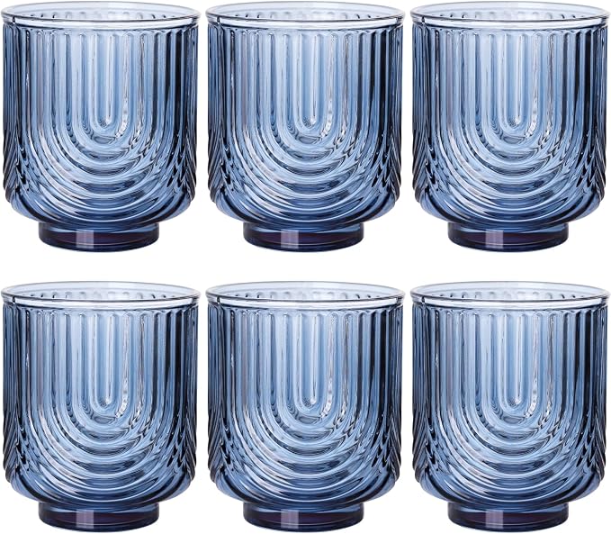 Blue Vintage Drinking Glasses Set of 6-15oz Hand-Blown Highball Ribbed Glassware by TrophyToast