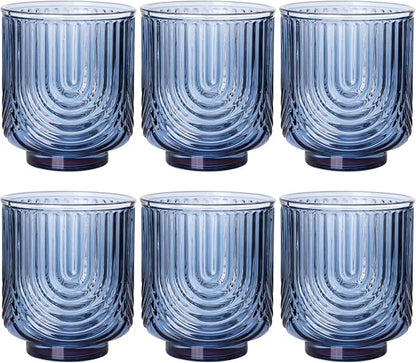 Blue Vintage Drinking Glasses Set of 6-15oz Hand-Blown Highball Ribbed Glassware by TrophyToast