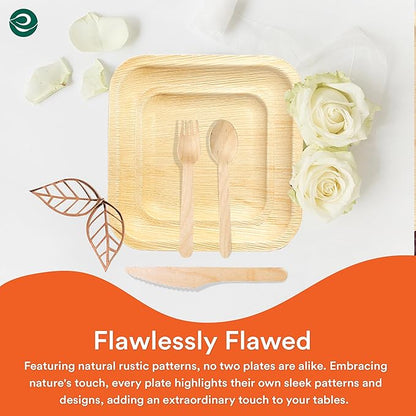 ECO SOUL 100% Compostable Palm Leaf Dinnerware Set For 75 Guests [10", 6" Square plates 75 Count each | Fork, Knife, Spoon, 100 Count each] | Biodegradable Disposable Utensils for Wedding, Parties