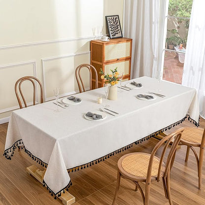 MYSKY HOME Table Cloth 60x120 in Rectangle, Heavy Duty Cotton Tassel Linen Look Waterproof Tablecloths Farmhouse Tablecloth, Wrinkle Free Table Cover with Black Tassels for Kitchen Dining, Party