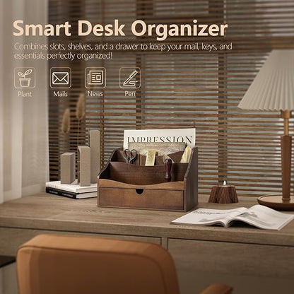 Rebee Vision Pine Wood Mail Organizer for Desk - Retro Farmhouse Mail Holder with Drawer & Dividers - 4-Slot letter paper & Jewelry Sorter, Countertop Mail Organizer for Office Decor(Brown)