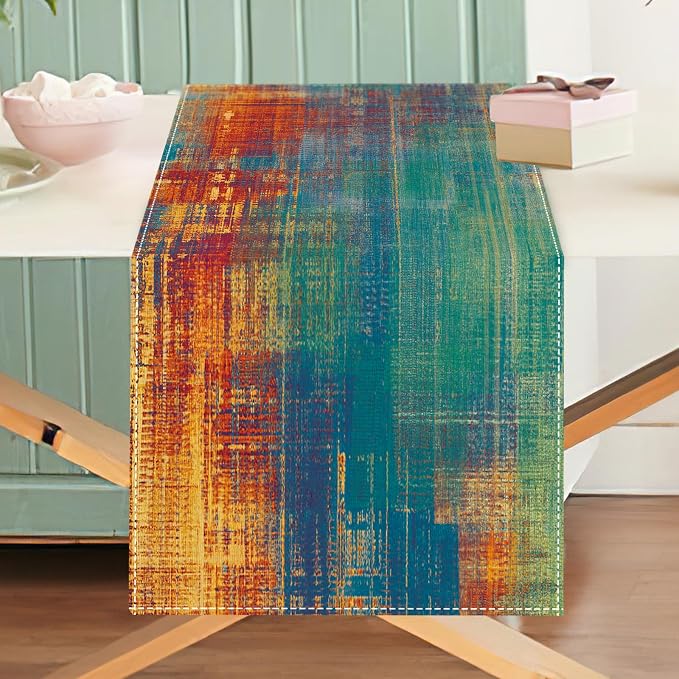 Vintage Blue Orange Dining Table Runner, Retro Abstract Messy Rust | Painting - Image 5