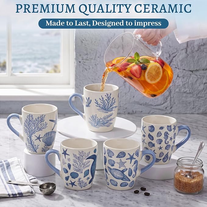 Qinyoung 6 Pcs Coastal Coffee Mugs Set 12oz Beach Ceramic Cups - Image 6