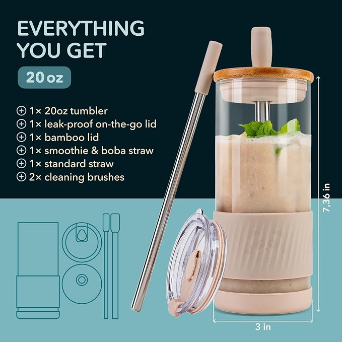 Pandaloo® Glass Cups With Lids and Straws -20 Fl Oz- Perfect Size Iced Coffee - Image 2