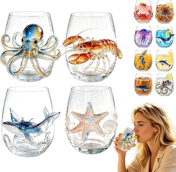 Set of 4 Coral Starfish 3D Ocean Glassware, Artistic Wine Tumbler | Handcrafted by Unknown